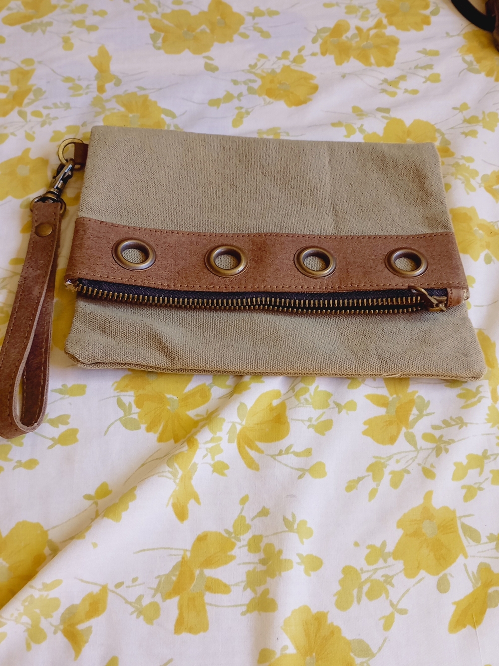 Canvas and Leather Wristlet Clutch in Khaki and Brown Made In India